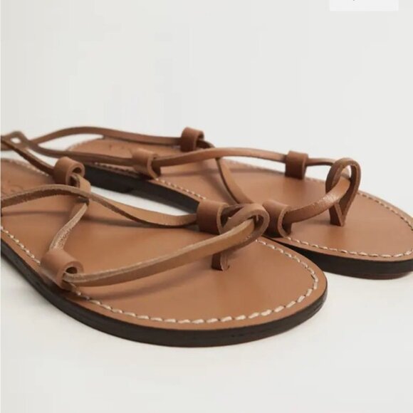 [NWT!] MANGO Pacha Flat Lace up Leather Sandal gladiator in camel - Picture 1 of 11